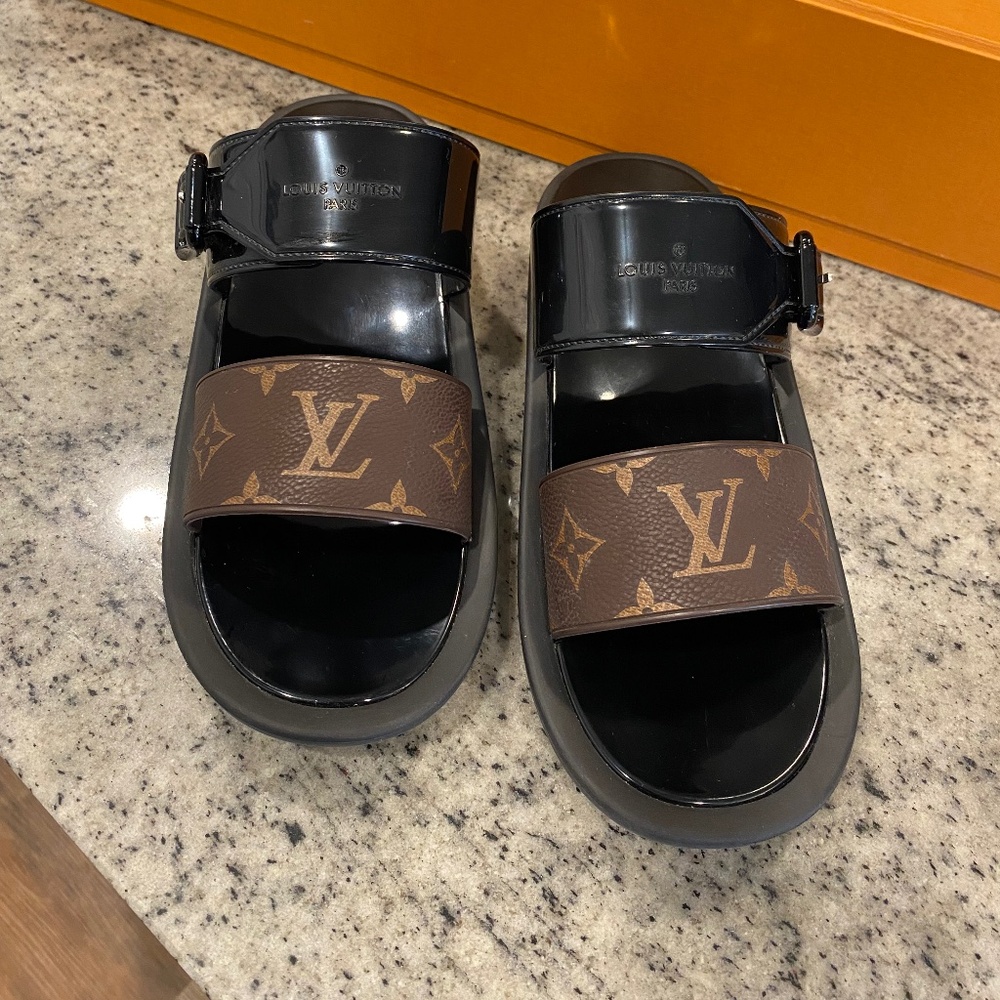 Louis Vuitton Black and Brown Monogram Slide Sandals